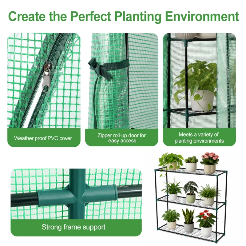3 Tier Lean-To Portable Greenhouse, Heavy Duty Indoor Outdoor Garden Greenhouse with Wire Shelves, 2 Roll-Up Zipper Doors, Easy Assembly, 79"x39"x83", PE Weatherproof Cover - Image 3