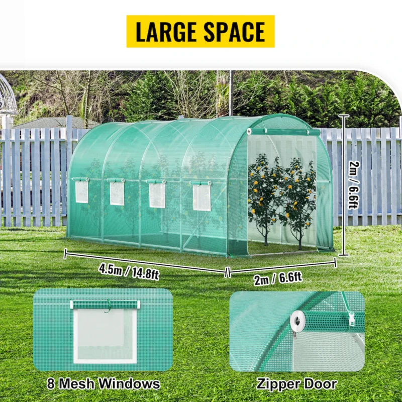 Walk-in Tunnel Greenhouse, 14.8 x 6.6 x 6.6 ft Portable Plant Hot House w/ Galvanized Steel Hoops, 1 Top Beam, Diagonal Poles, Zippered Door & 8 Roll-up Windows, Green - Image 3