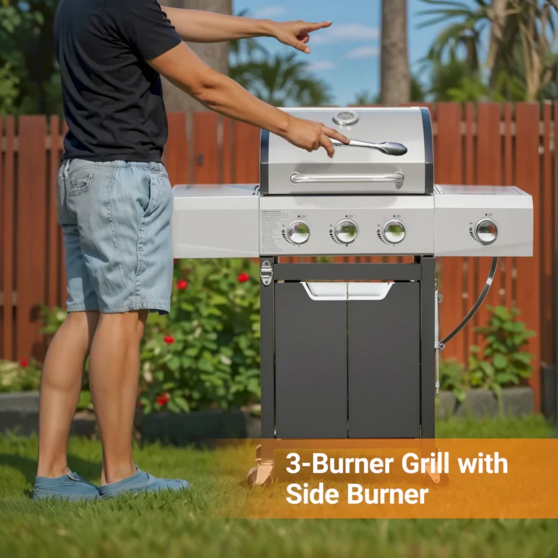 Propane Grill 3 Burner Barbecue Grill Stainless Steel Gas Grill with Side Burner and Cover for Outdoor BBQ, Camping - Image 5