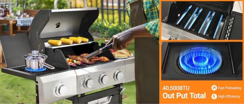 Propane Grill 3 Burner Barbecue Grill Stainless Steel Gas Grill with Side Burner and Cover for Outdoor BBQ, Camping - Image 4