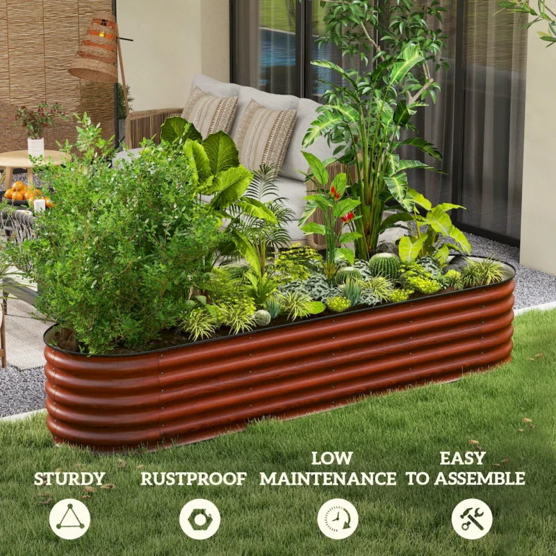 Outsunny 8' x 2' x 1.4' Galvanized Raised Garden Bed Kit, Outdoor Metal Elevated Planter Box with Safety Edging, Easy DIY Stock Tank for Growing Flowers, Herbs & Vegetables, Brown - Image 5