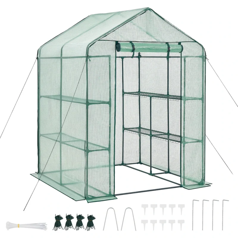 Walk-in Tunnel Greenhouse, 15 x 6.5 x 7 ft Portable Plant Hot House w/ Galvanized Steel Hoops, 1 Top Beam, Diagonal Poles, Zippered Door & 8 Roll-up Windows, White - Image 11