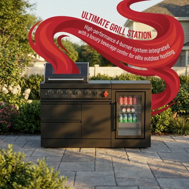 65-Inch 4-Burner 72000 BTU Deluxe Stainless Steel Propane Gas Outdoor Kitchen Bar Barbecue Island Grill + Wine Cooler Compact Refrigerator + Marble Countertops  - Image 9