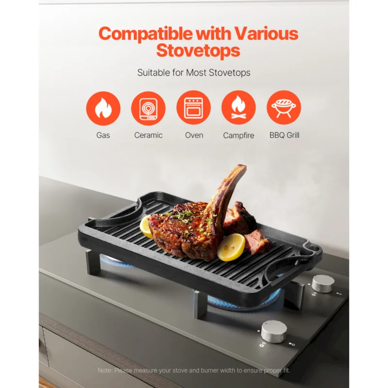 14x8.5 inch Reversible Grill Griddle Pre-Seasoned BBQ Pan Cast Iron Black - Image 6