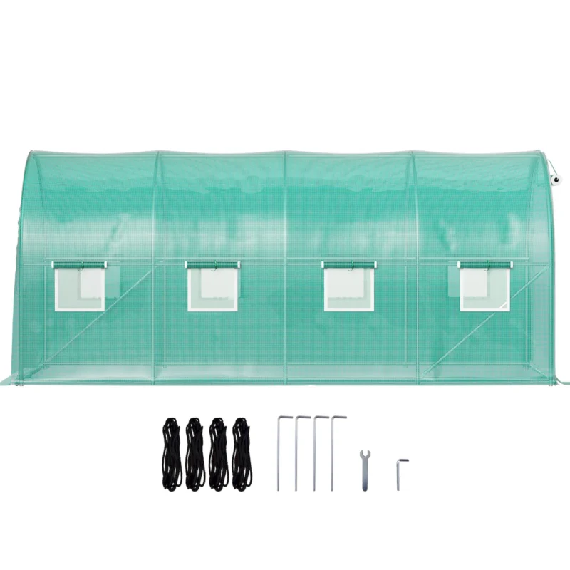 Walk-in Tunnel Greenhouse, 14.8 x 6.6 x 6.6 ft Portable Plant Hot House w/ Galvanized Steel Hoops, 1 Top Beam, Diagonal Poles, Zippered Door & 8 Roll-up Windows, Green - Image 9