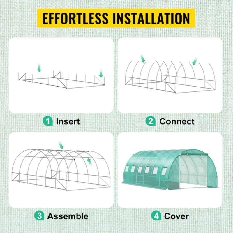 Walk-in Tunnel Greenhouse, 20 x 10 x 7 ft Portable Plant Hot House w/ Galvanized Steel Hoops, 3 Top Beams, Diagonal Poles, 2 Zippered Doors & 12 Roll-up Windows, Green - Image 8