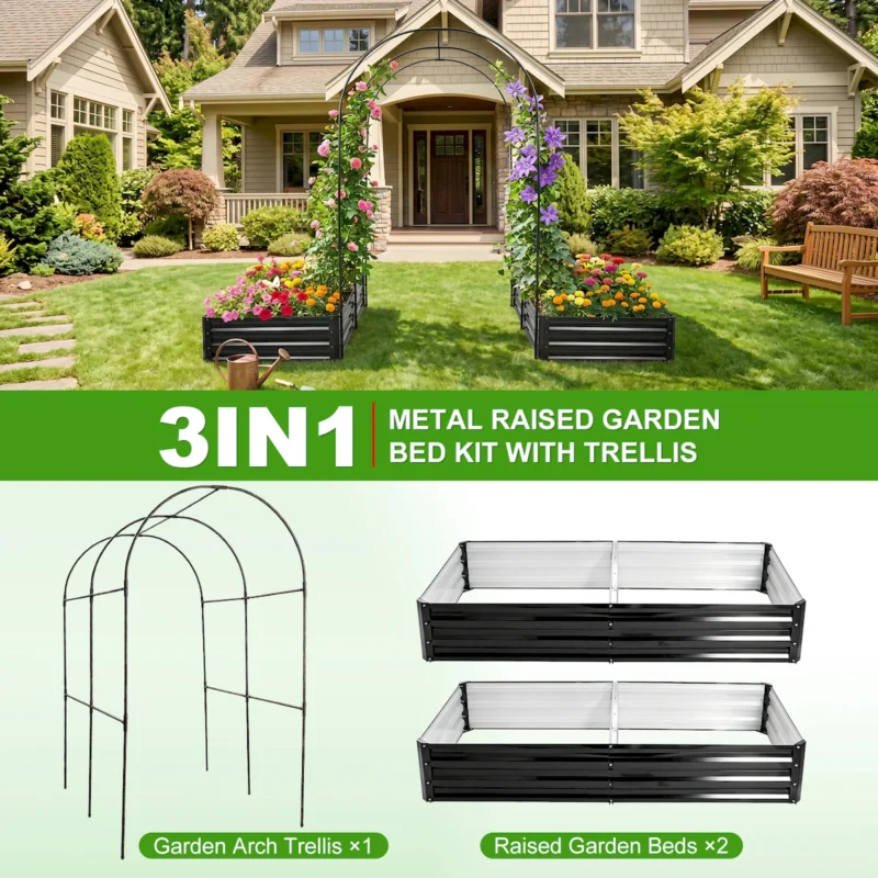Raised Garden Bed with Arch Trellis, 2 Pack Metal Planter Boxes with Garden Arch, Outdoor Garden Planter for Climbing Plants Vegetables Flowers - Image 5
