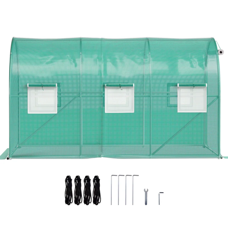 Walk-in Tunnel Greenhouse, 9.8 x 6.6 x 6.6 ft Portable Plant Hot House w/ Galvanized Steel Hoops, 1 Top Beam, Diagonal Poles, Zippered Door & 6 Roll-up Windows, Green  - Image 7
