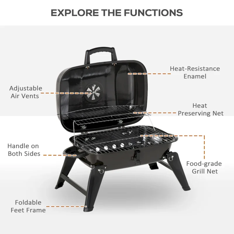 Outsunny 14" Portable Charcoal Grill, Tabletop Small BBQ Grill for Outdoor Cooking, Camping, Tailgating, Enamel Coated, Vent, Folding Legs, Black - Image 6