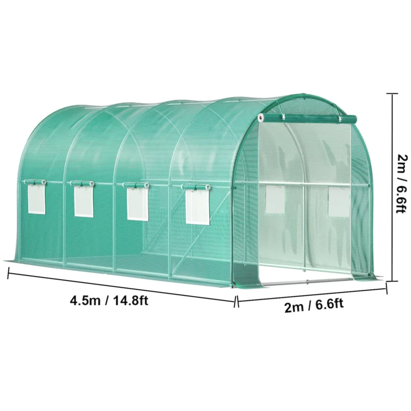 Walk-in Tunnel Greenhouse, 14.8 x 6.6 x 6.6 ft Portable Plant Hot House w/ Galvanized Steel Hoops, 1 Top Beam, Diagonal Poles, Zippered Door & 8 Roll-up Windows, Green - Image 8