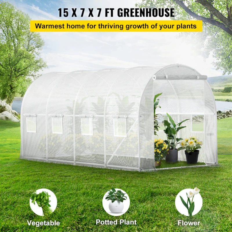Walk-in Tunnel Greenhouse, 12 x 7 x 7 ft Portable Plant Hot House w/ Galvanized Steel Hoops, 1 Top Beam, Diagonal Poles, Zippered Door & 6 Roll-up Windows, Green  - Image 5