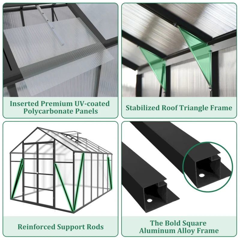 Newly marketed Gain height windproofaluminum greenhouse 10x12 FT Polycarbonate Greenhouse Raised Base and Anchor Aluminum Heavy Duty Walk-in Greenhouses for Outdoor Backyard in All Season - Image 7