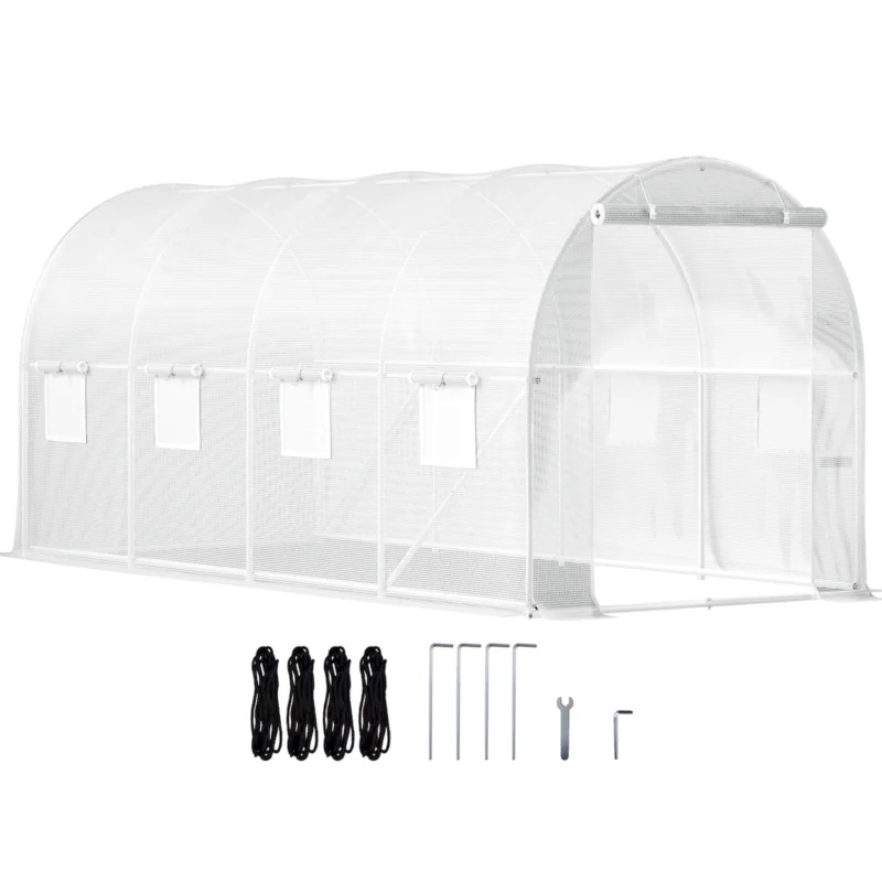 Walk-in Tunnel Greenhouse, 12 x 7 x 7 ft Portable Plant Hot House w/ Galvanized Steel Hoops, 1 Top Beam, Diagonal Poles, Zippered Door & 6 Roll-up Windows, Green  - Image 4
