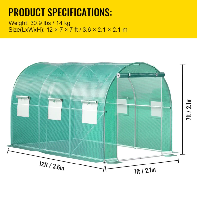Walk-in Tunnel Greenhouse, 9.8 x 6.6 x 6.6 ft Portable Plant Hot House w/ Galvanized Steel Hoops, 1 Top Beam, Diagonal Poles, Zippered Door & 6 Roll-up Windows, Green  - Image 5