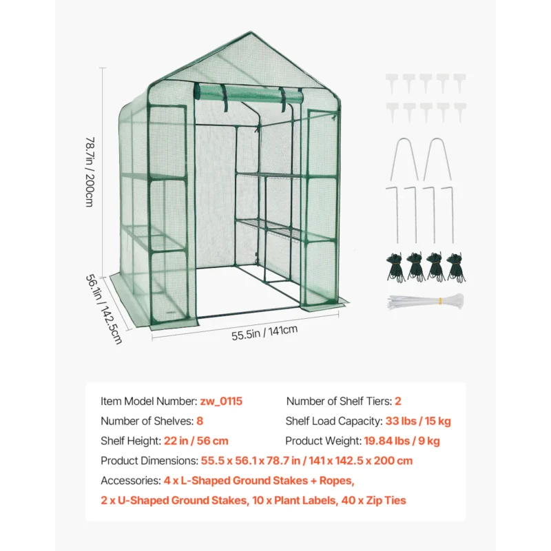 Walk-in Tunnel Greenhouse, 15 x 6.5 x 7 ft Portable Plant Hot House w/ Galvanized Steel Hoops, 1 Top Beam, Diagonal Poles, Zippered Door & 8 Roll-up Windows, White - Image 8