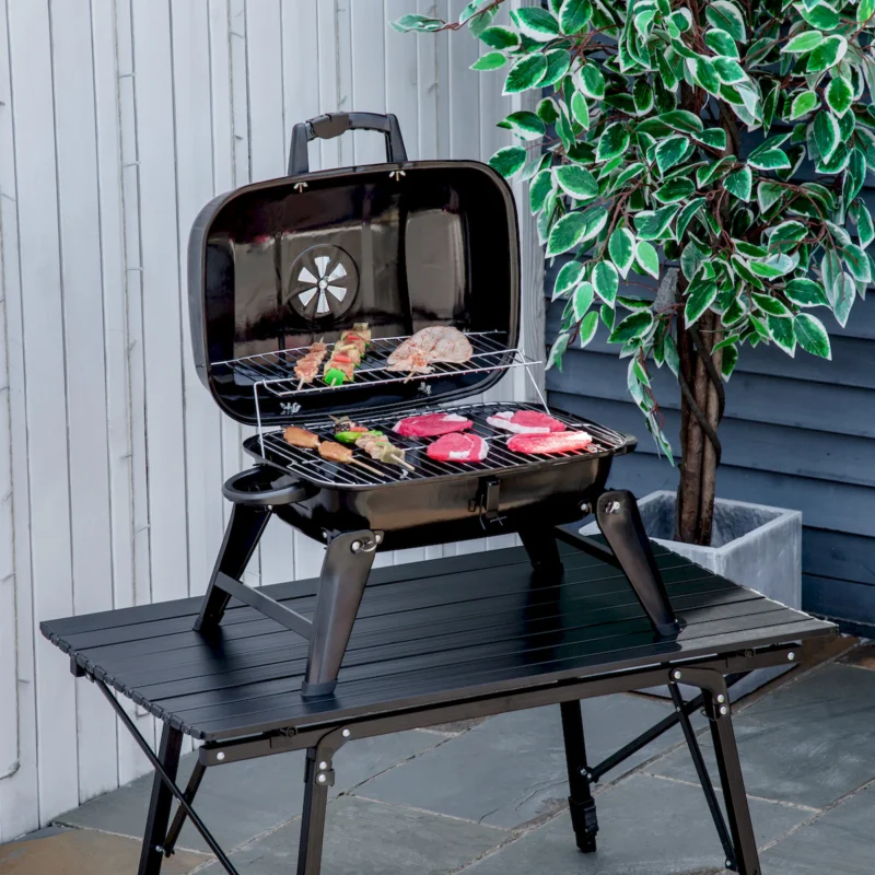 Outsunny 14" Portable Charcoal Grill, Tabletop Small BBQ Grill for Outdoor Cooking, Camping, Tailgating, Enamel Coated, Vent, Folding Legs, Black - Image 4