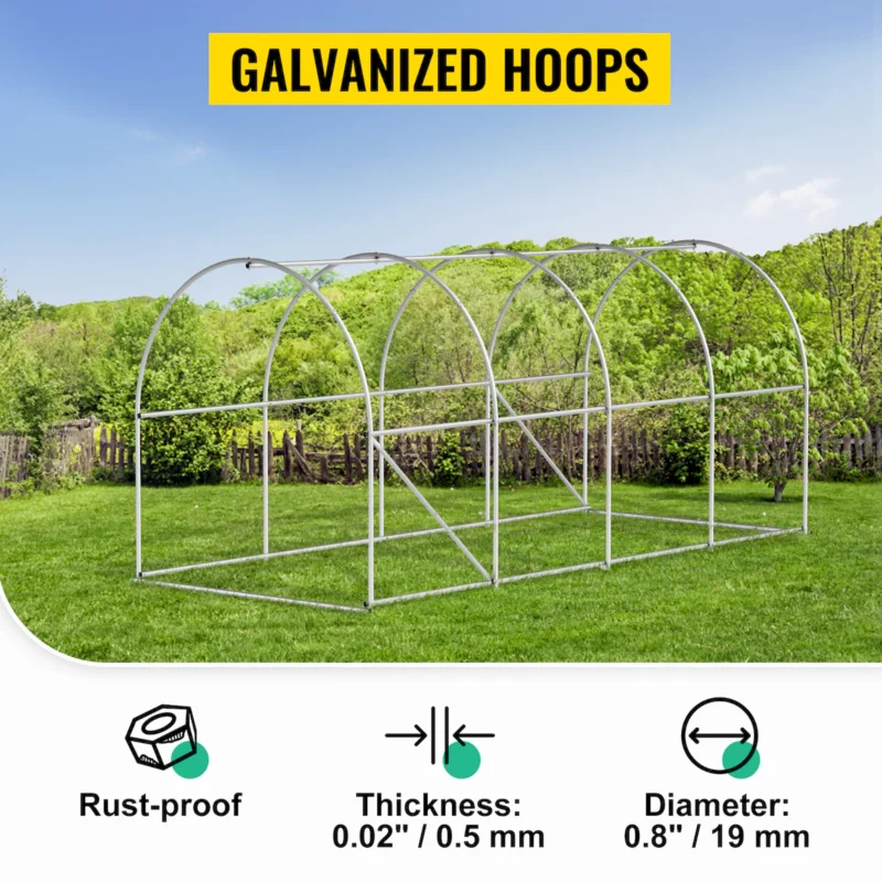 Walk-in Tunnel Greenhouse, 14.8 x 6.6 x 6.6 ft Portable Plant Hot House w/ Galvanized Steel Hoops, 1 Top Beam, Diagonal Poles, Zippered Door & 8 Roll-up Windows, Green - Image 6