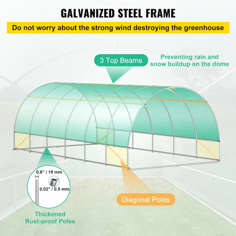 Walk-in Tunnel Greenhouse, 20 x 10 x 7 ft Portable Plant Hot House w/ Galvanized Steel Hoops, 3 Top Beams, Diagonal Poles, 2 Zippered Doors & 12 Roll-up Windows, Green - Image 6