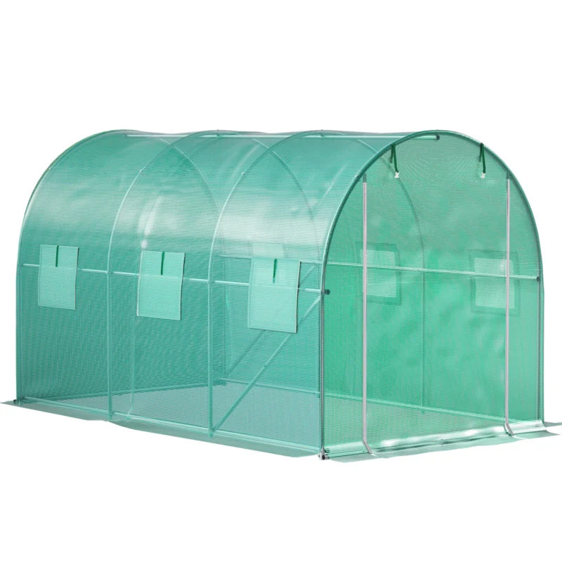 Walk-in Tunnel Greenhouse, 9.8 x 6.6 x 6.6 ft Portable Plant Hot House w/ Galvanized Steel Hoops, 1 Top Beam, Diagonal Poles, Zippered Door & 6 Roll-up Windows, Green  - Image 4