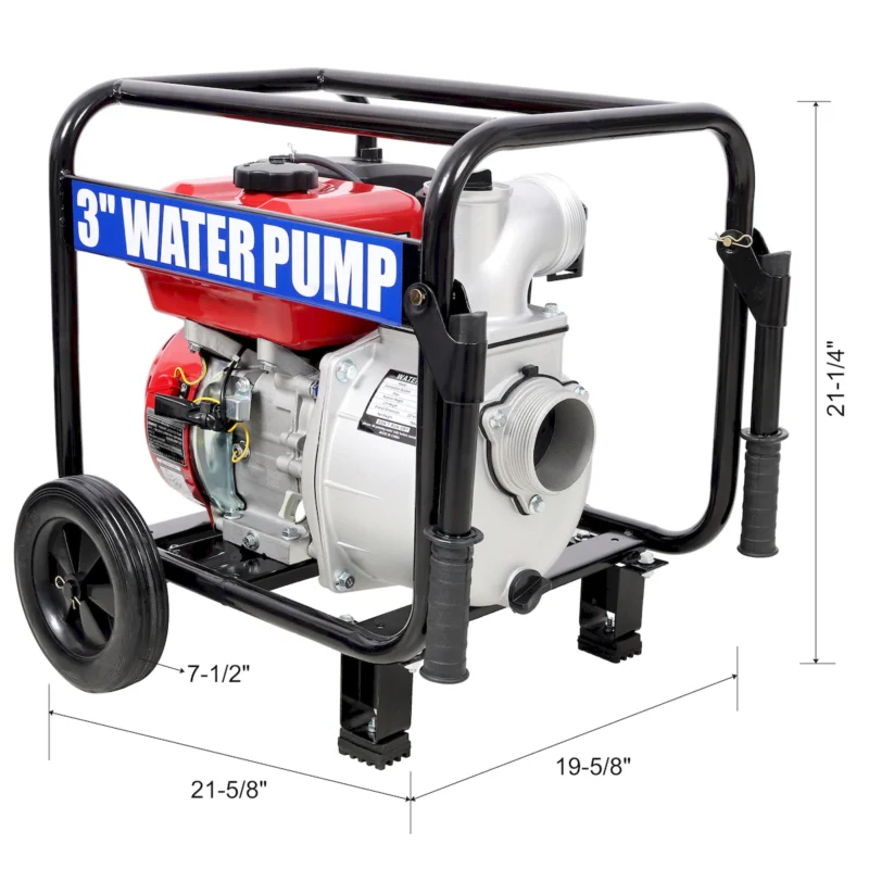 Gas Engine Powered Water Pump 3" inlet&outlet, Flow:264Gpm , 7HP Engine 212CC, EPA Certificated, 3in NPT Connector, 3in to 2in coupler 2in1, 50 ft Discharge Hose, 12 ft Suction Hose, Wheels and Handle  - Image 11