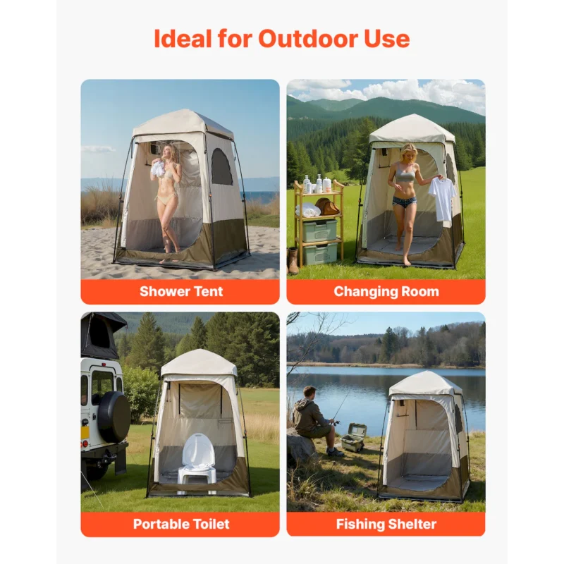 Camping Shower Tent, 1 Room, Foldable Privacy Tent Changing Room with Ground Stakes, Ropes, Carry Bag, and Crossbar, 210D Oxford Fabric with Silver Coating, for Camping, Beach, and Fishing - Image 4