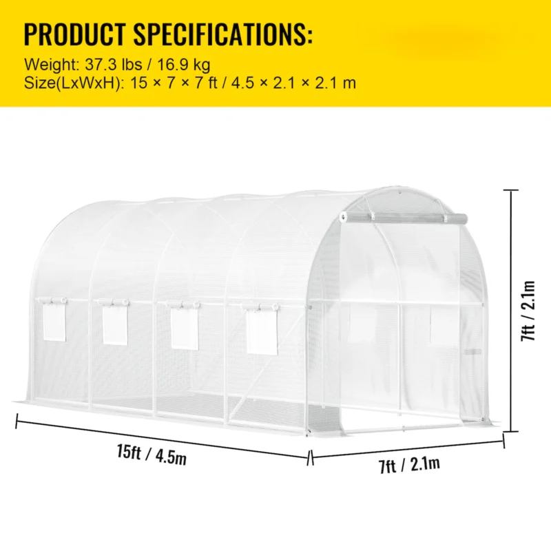 Walk-in Tunnel Greenhouse, 12 x 7 x 7 ft Portable Plant Hot House w/ Galvanized Steel Hoops, 1 Top Beam, Diagonal Poles, Zippered Door & 6 Roll-up Windows, Green  - Image 2
