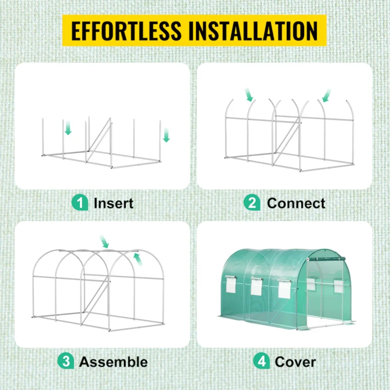 Walk-in Tunnel Greenhouse, 9.8 x 6.6 x 6.6 ft Portable Plant Hot House w/ Galvanized Steel Hoops, 1 Top Beam, Diagonal Poles, Zippered Door & 6 Roll-up Windows, Green  - Image 3