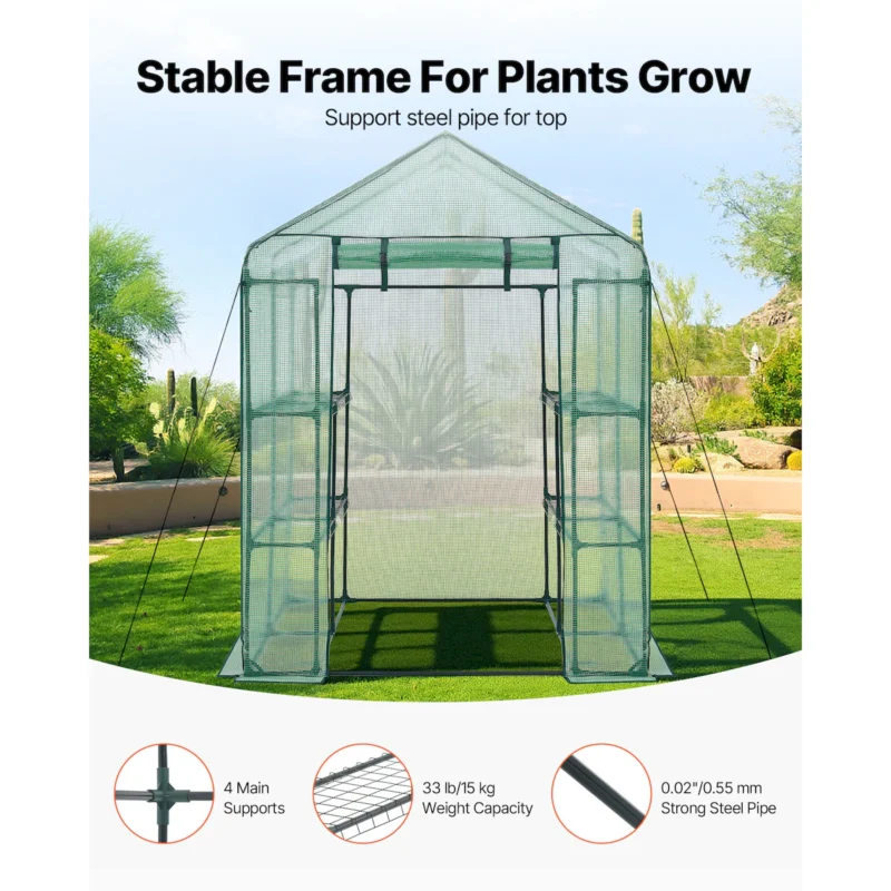 Walk-in Tunnel Greenhouse, 15 x 6.5 x 7 ft Portable Plant Hot House w/ Galvanized Steel Hoops, 1 Top Beam, Diagonal Poles, Zippered Door & 8 Roll-up Windows, White - Image 6