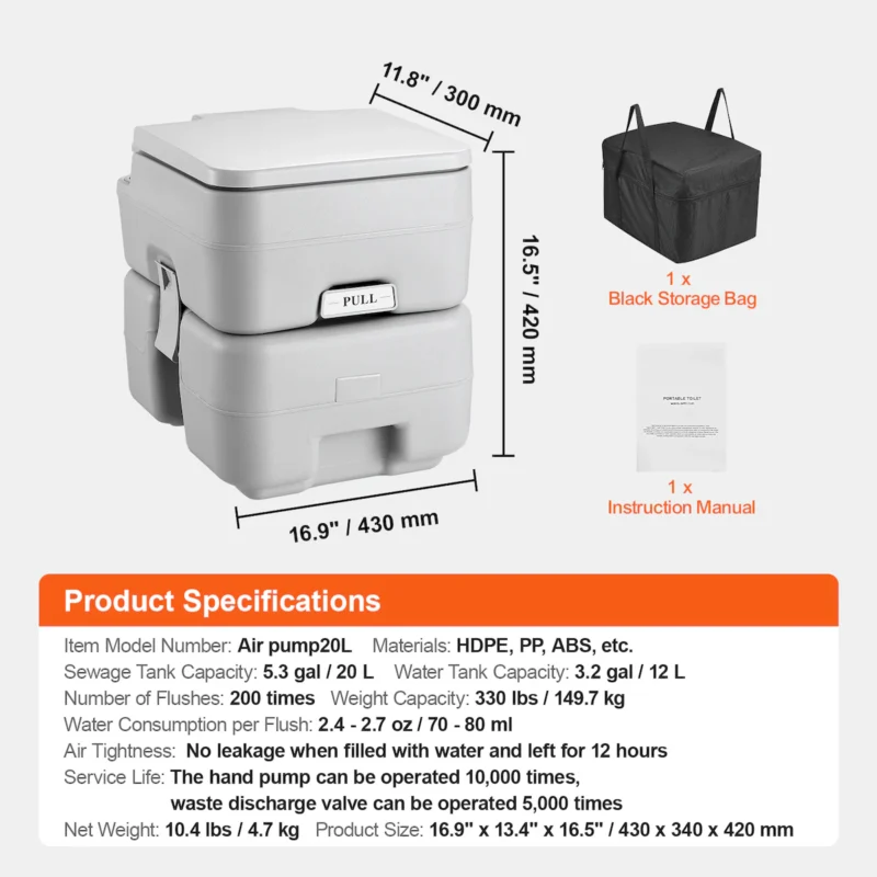 Portable Toilet for Camping, Porta Potty with Carry Bag, 5.3 Gal Waste Tank & 3.2 Gal Flush Tank, Push-Button Pressurized Flush Commode, Leak-proof and Odourless Travel Toilet for Camping Car  - Image 7