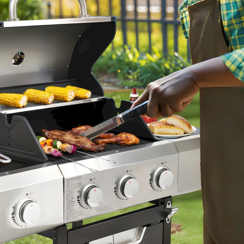 Propane Grill 3 Burner Barbecue Grill Stainless Steel Gas Grill with Side Burner and Cover for Outdoor BBQ, Camping - Image 11