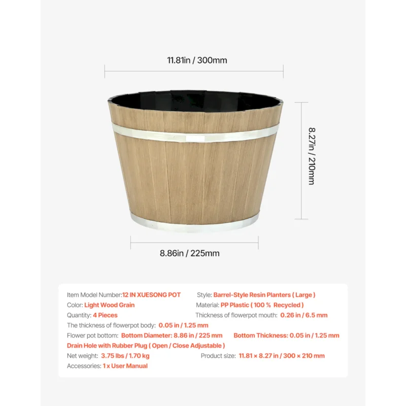 Resin Whiskey Barrel Planter Garden Flower Plant Pot 11.81 x 11.81 x 8.27 in - Image 8