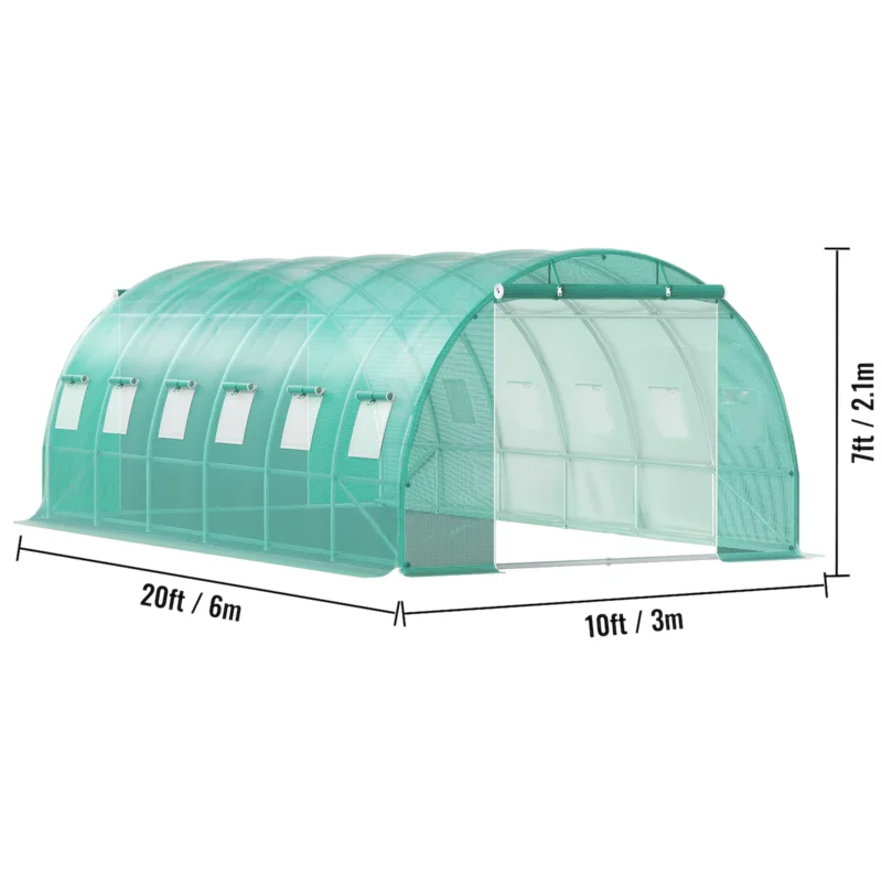 Walk-in Tunnel Greenhouse, 20 x 10 x 7 ft Portable Plant Hot House w/ Galvanized Steel Hoops, 3 Top Beams, Diagonal Poles, 2 Zippered Doors & 12 Roll-up Windows, Green - Image 4