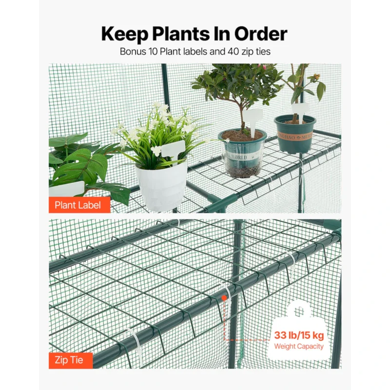Walk-in Tunnel Greenhouse, 15 x 6.5 x 7 ft Portable Plant Hot House w/ Galvanized Steel Hoops, 1 Top Beam, Diagonal Poles, Zippered Door & 8 Roll-up Windows, White - Image 5