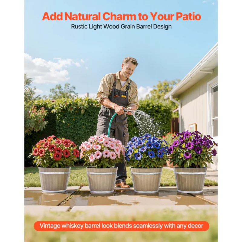 Resin Whiskey Barrel Planter Garden Flower Plant Pot 11.81 x 11.81 x 8.27 in - Image 9