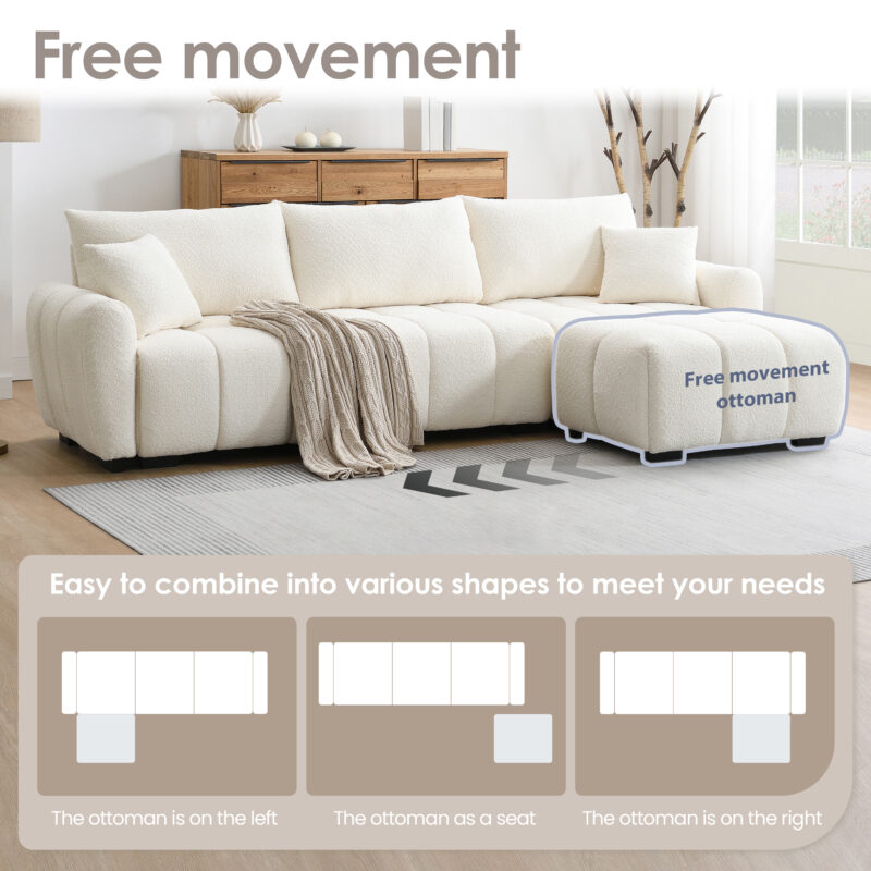 110" Modular Sectional Sofa, L Shape with Extra-large Seat, Pull-line Design, Movable Ottoman, High Density Foam, Free Combination, Sturdy Metal&Wood Frame, Boucle Fabric, 3 Colors - Image 14