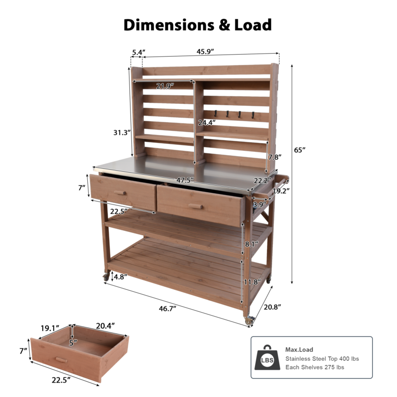 K&K 64.9"H Outdoor Potting Bench Table with Lockable Wheels, Solid Wood Outdoor Kitchen Island with Upper Hutch, Stainless Steel Top, Towel Rack ,Outdoor Storage for Grilling, Lawn Garden -Grey Blue - Image 40