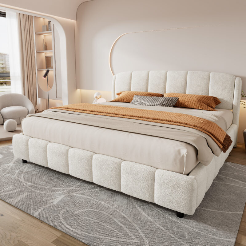 King Boucle Platform Bed with Curved Headboard in Beige - Image 2