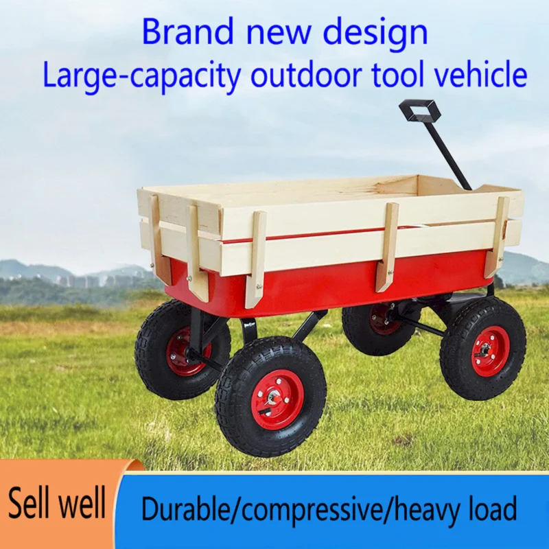 outdoor sport wagon tools cart wooden side panels air tires Wagon (red) - Image 20