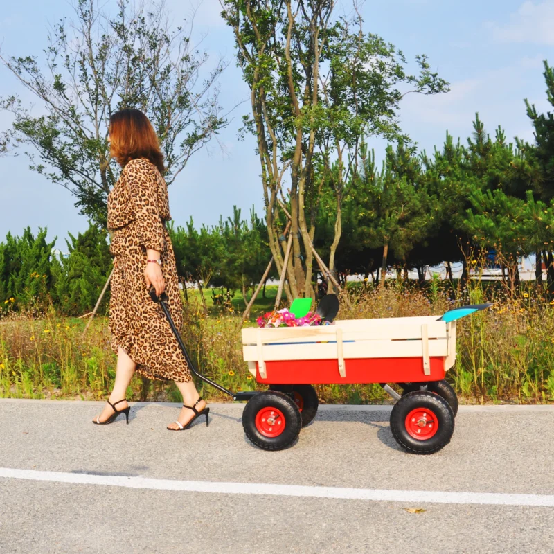 outdoor sport wagon tools cart wooden side panels air tires Wagon (red) - Image 16