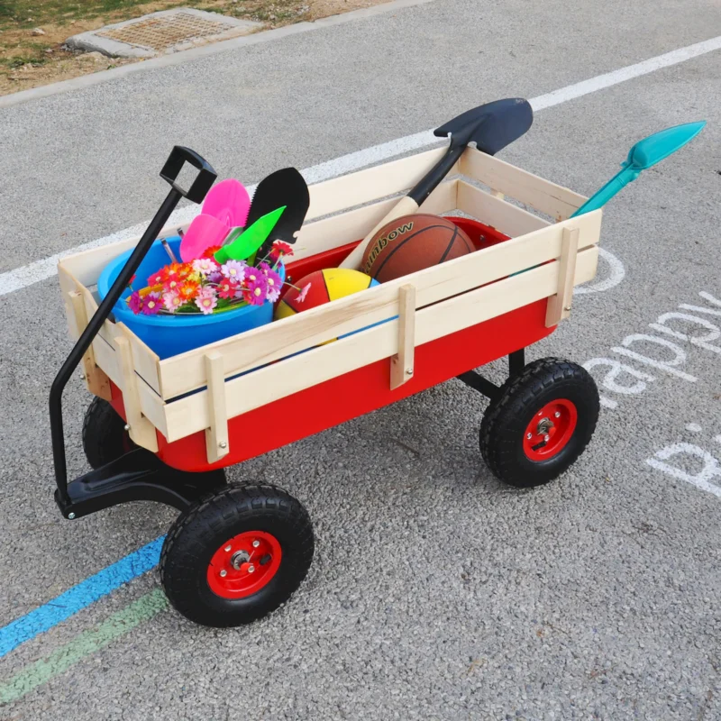 outdoor sport wagon tools cart wooden side panels air tires Wagon (red) - Image 15