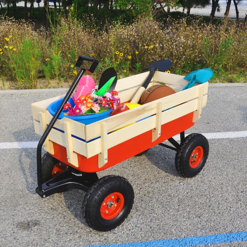 outdoor sport wagon tools cart wooden side panels air tires Wagon (red) - Image 14