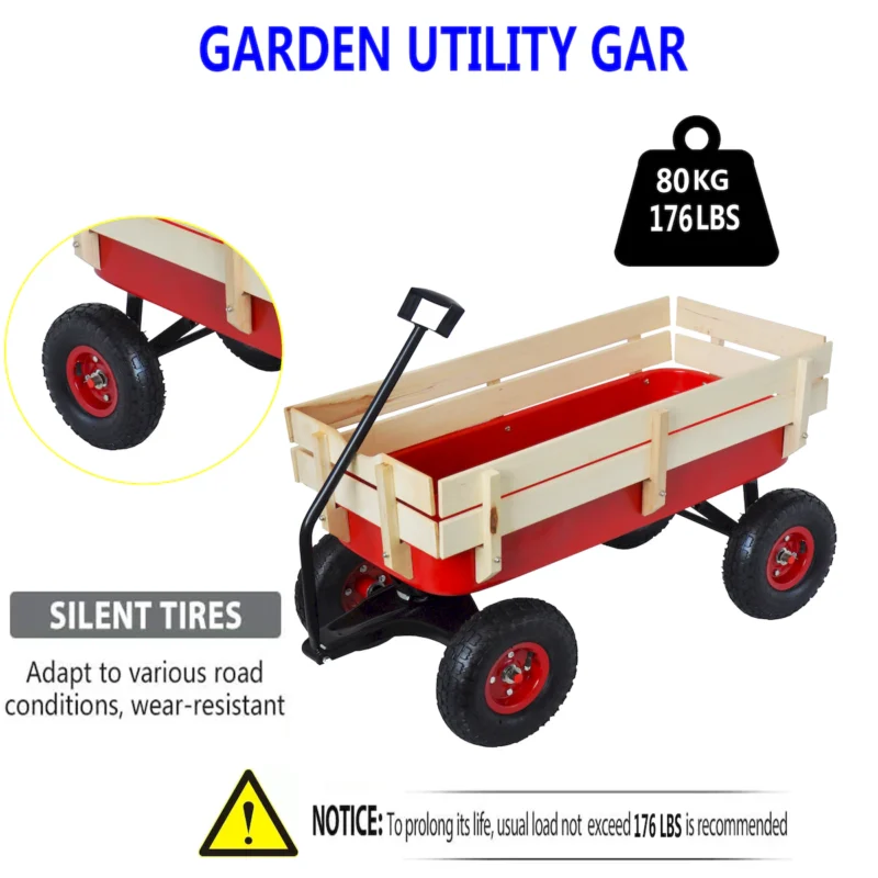 outdoor sport wagon tools cart wooden side panels air tires Wagon (red) - Image 11
