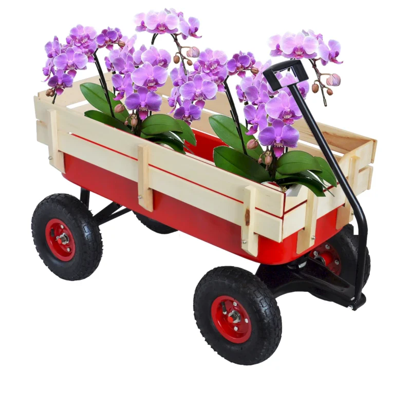 outdoor sport wagon tools cart wooden side panels air tires Wagon (red) - Image 2