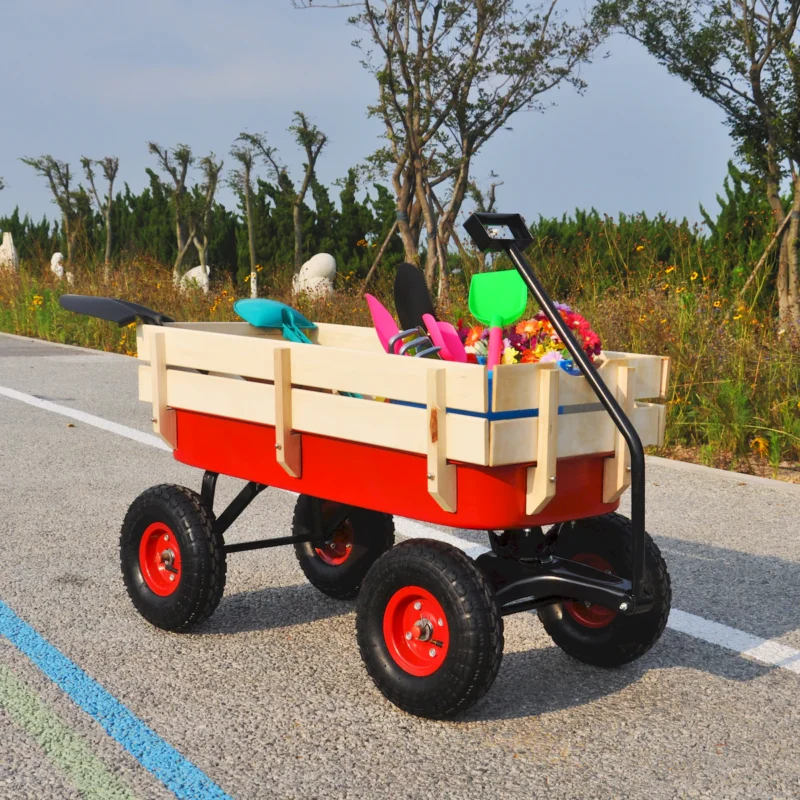 outdoor sport wagon tools cart wooden side panels air tires Wagon (red) - Image 10