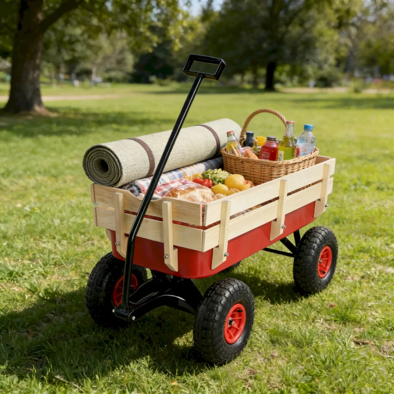 outdoor sport wagon tools cart wooden side panels air tires Wagon (red) - Image 9