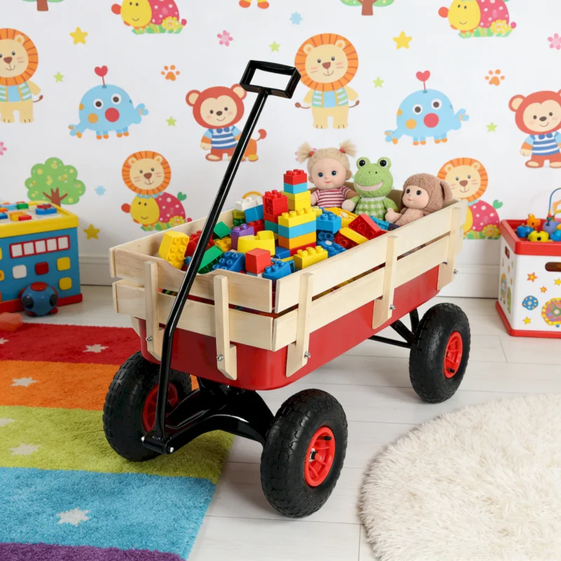 outdoor sport wagon tools cart wooden side panels air tires Wagon (red) - Image 8