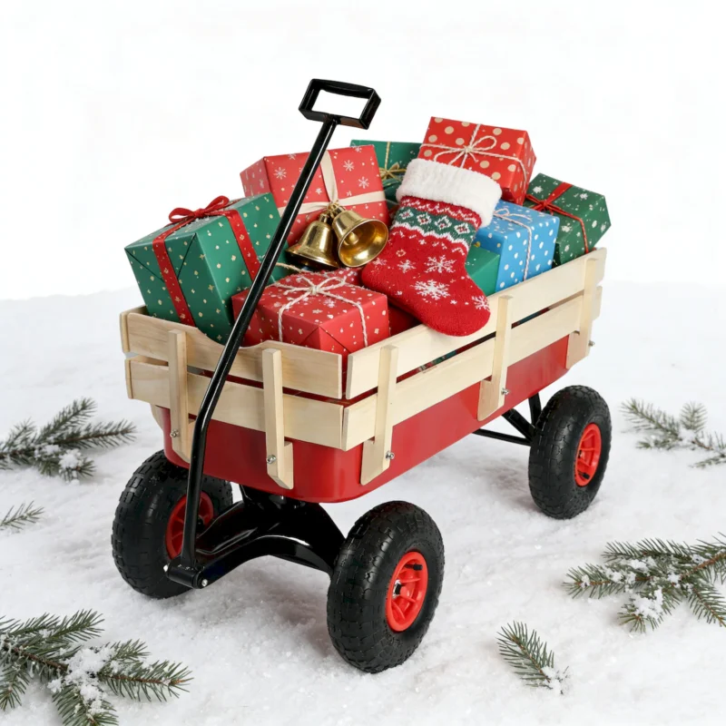 outdoor sport wagon tools cart wooden side panels air tires Wagon (red) - Image 7