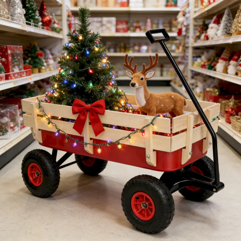 outdoor sport wagon tools cart wooden side panels air tires Wagon (red) - Image 6