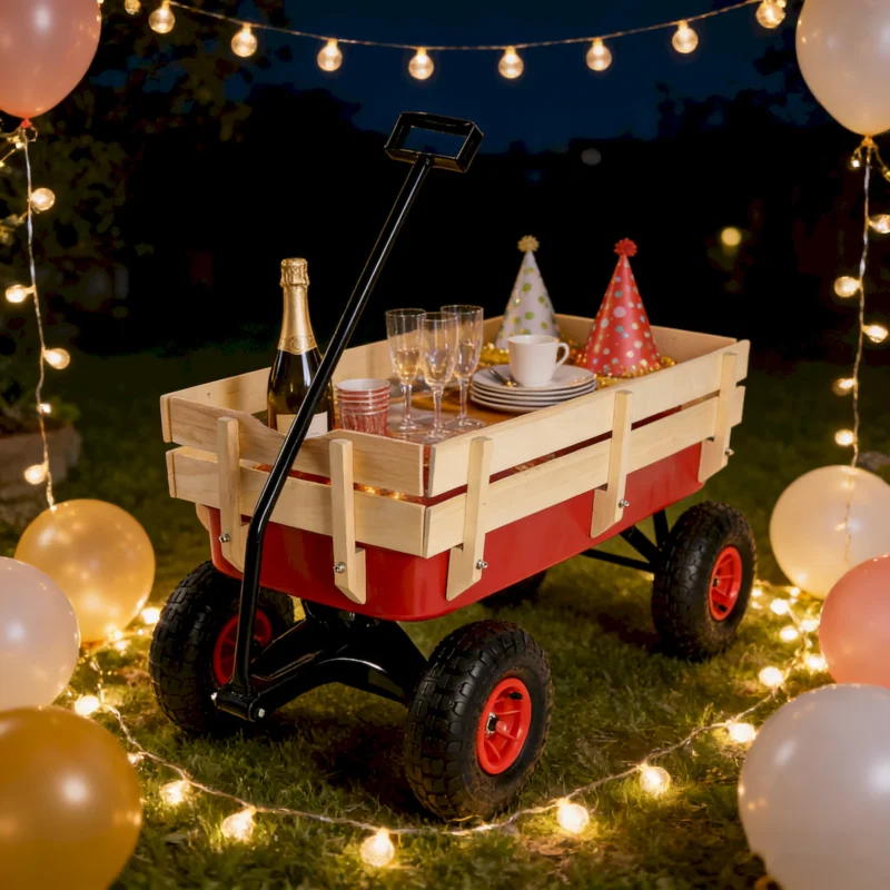 outdoor sport wagon tools cart wooden side panels air tires Wagon (red) - Image 5