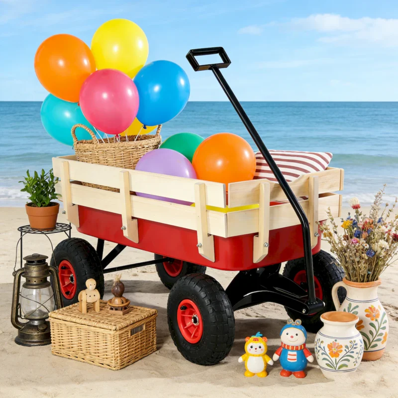 outdoor sport wagon tools cart wooden side panels air tires Wagon (red) - Image 3